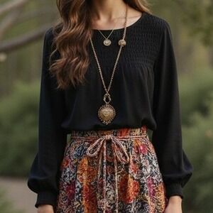 J.Jill‎ Large Petite $89 Black Rayon Long Sleeve Smocked Yoke Button Cuff Blouse